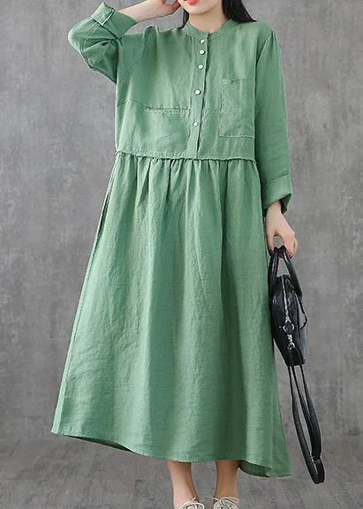 women's unique dressesBeautiful green linen clothes For Women o neck patchwork Maxi spring Dresses