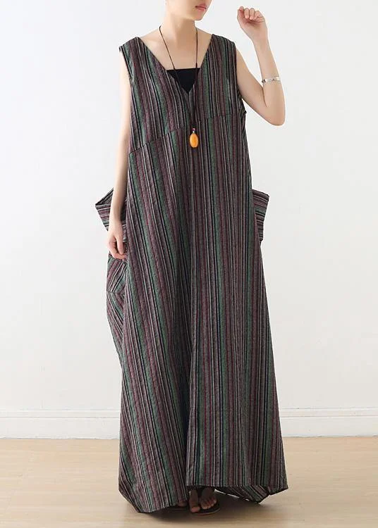 women's breathable dressesHandmade v neck cotton clothes linen striped Maxi Dresses summer