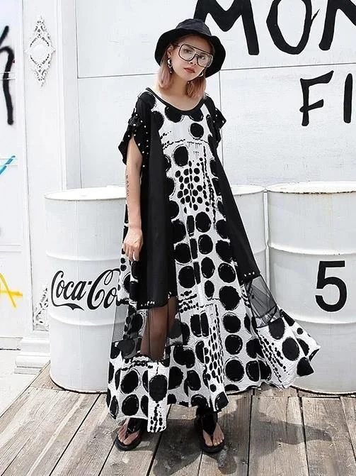 women's neon dressesVivid black dotted cotton Long Shirts o neck patchwork Maxi Dresses