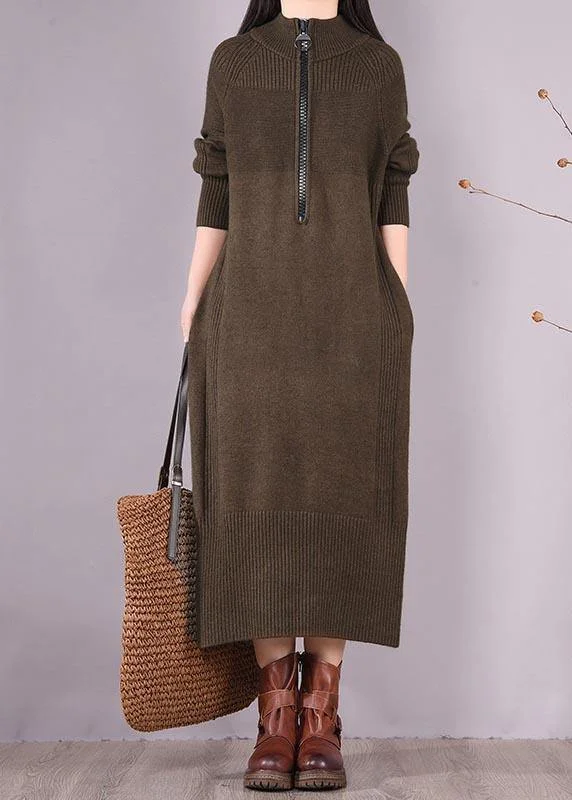 women's eco-friendly dressesChic Chocolate Dresses Zippered Pockets Maxi Spring Dress