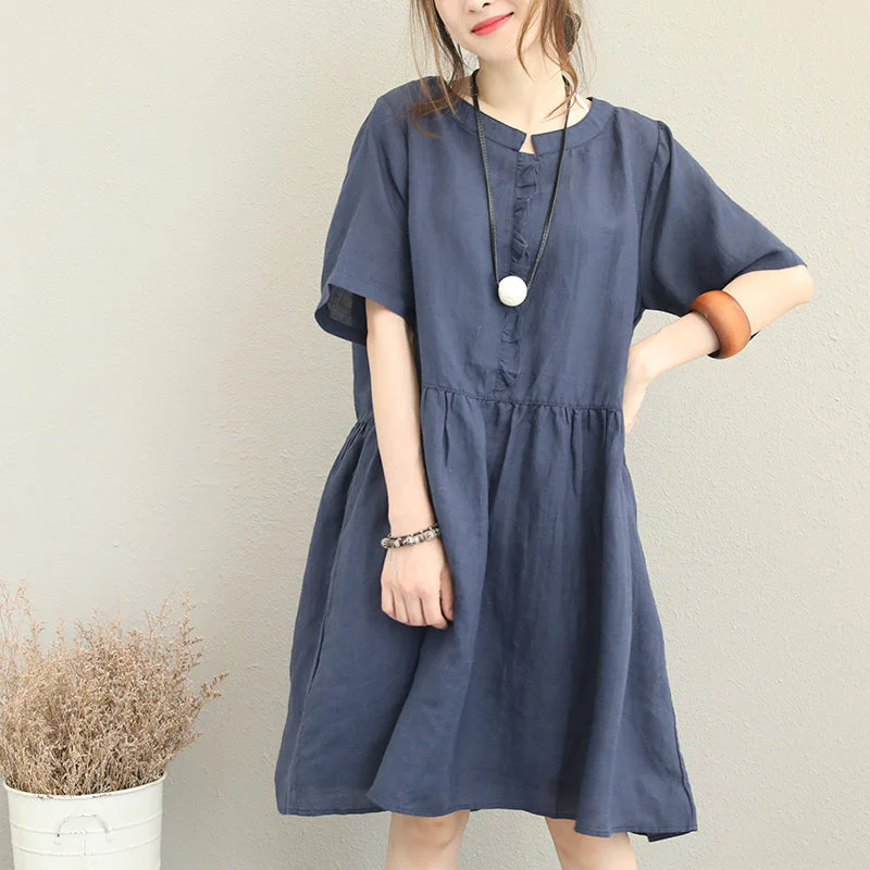 women's vintage dressesstylish blue linen dress oversize linen maxi dress women ruffles o neck cotton dress