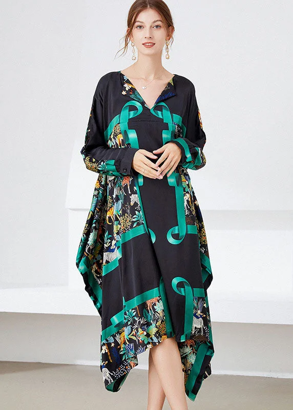 women's lace-up dressesStylish Black Green Asymmetrical Print Satin Maxi Dress Spring