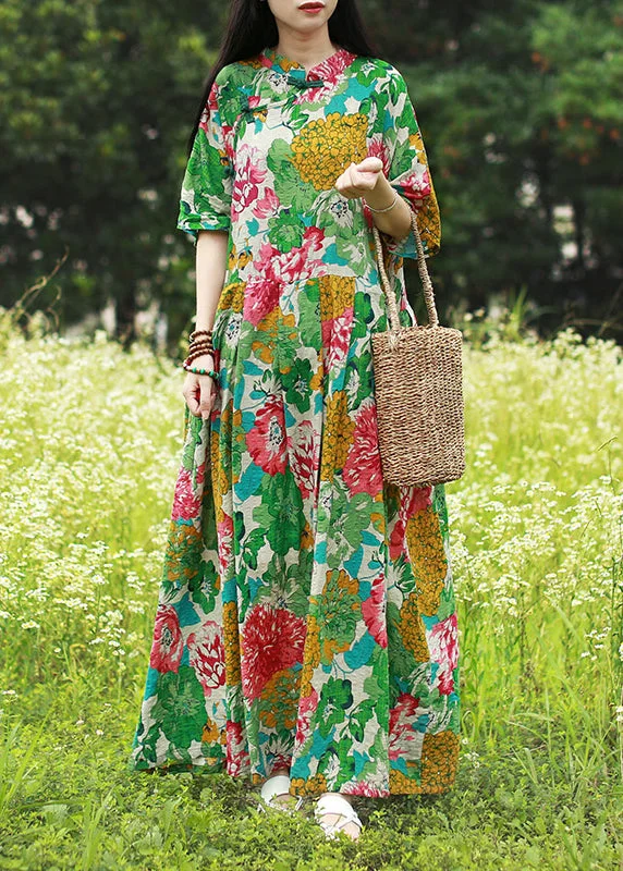 women's wrap dressesVintage Green Mandarin Collar Cinched Print Maxi Dress Half Sleeve