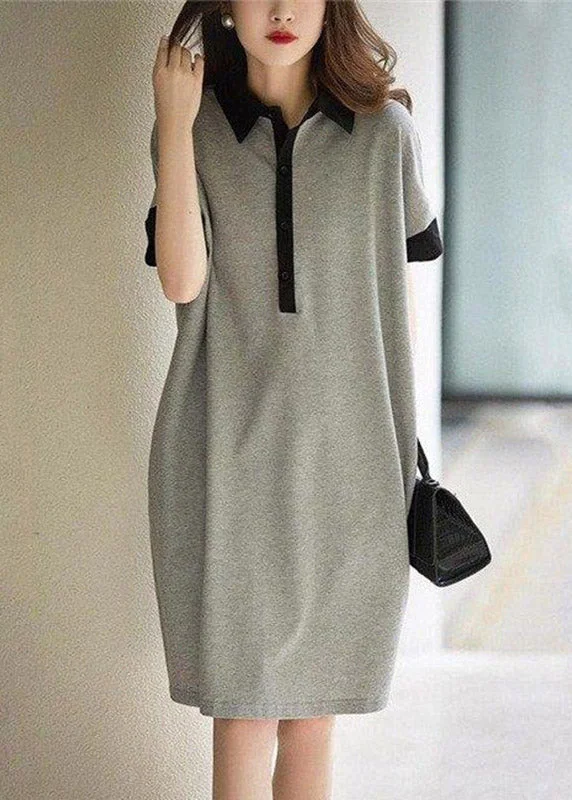 women's fair-trade dressesCasual Black Peter Pan Collar Button Cotton Maxi Dresses Short Sleeve