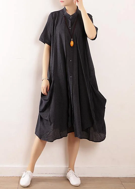 women's short-sleeved dressesFrench navy linen cotton Soft Surroundings Boho Wardrobes short sleeve Maxi summer Dress