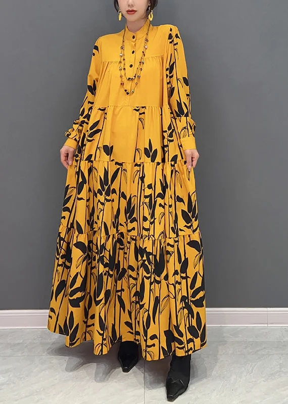 women's lace-up dressesChic Yellow Stand Collar Print Wrinkled Button Maxi Dresses Long Sleeve