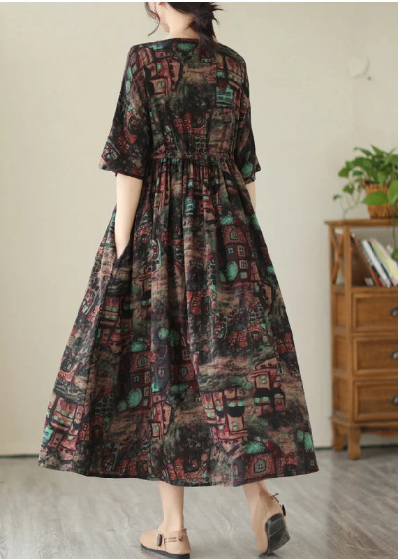 women's unique dressesStyle Black Cinched Print Linen Maxi Dresses Summer