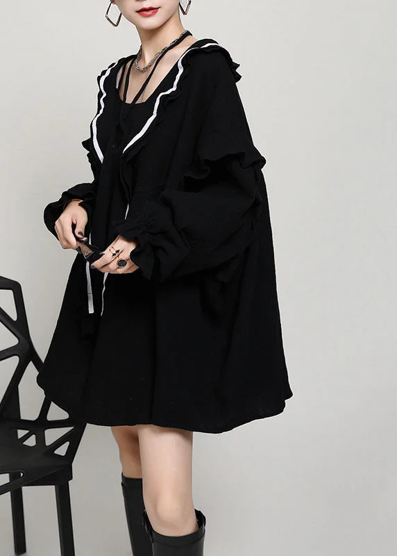 women's velvet dressesComfy Black V Neck Ruffles asymmetrical design Fall Maxi Dresses Long sleeve