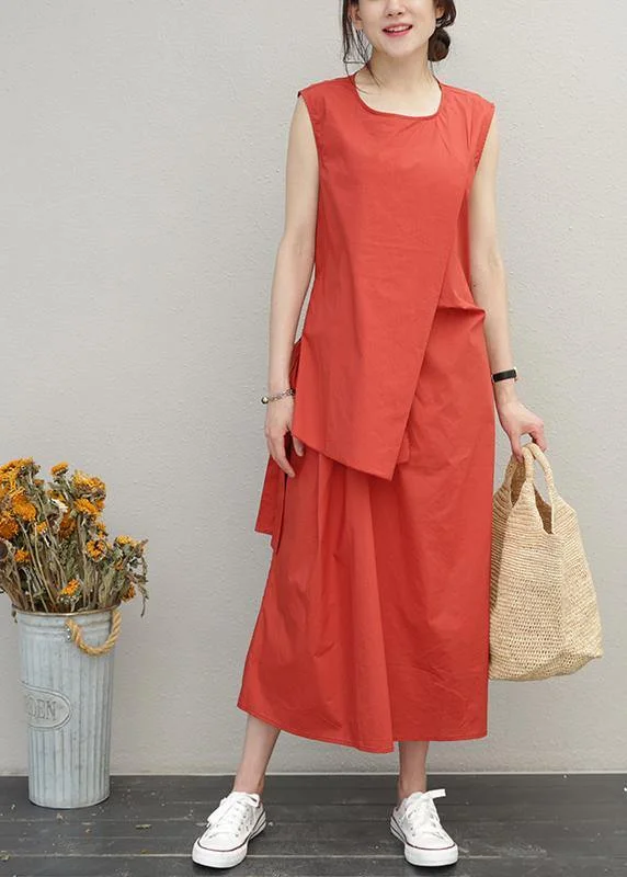 women's formal dressesLoose red cotton Long Shirts o neck asymmetric Maxi summer Dress