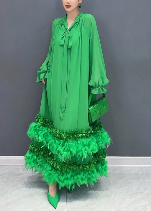 women's lightweight dressesStylish Green Feather Lace Up Patchwork Chiffon Maxi Dress Long Sleeve