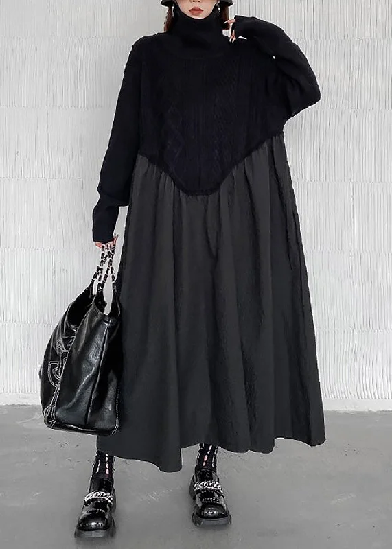 women's velvet dressesBoutique Black Turtleneck Patchwork Wrinkled Knit Maxi Dresses Winter