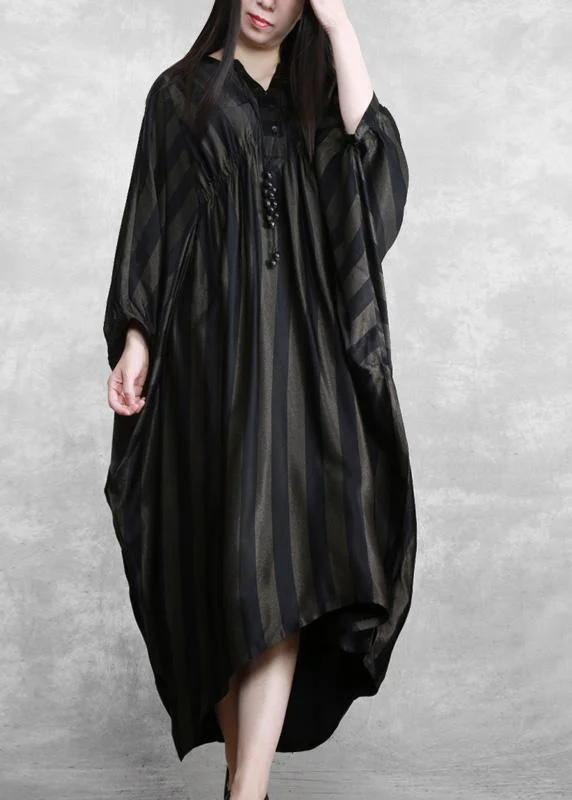 women's boho dressesStyle Black Striped Silk Maxi Dress Batwing Sleeve A Line Dresses