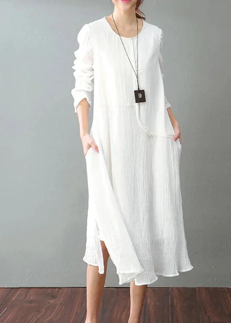 women's off-the-shoulder dressesvintage white cotton linen maxi dress Loose fitting O neck baggy dresses New long sleeve patchwork dresses