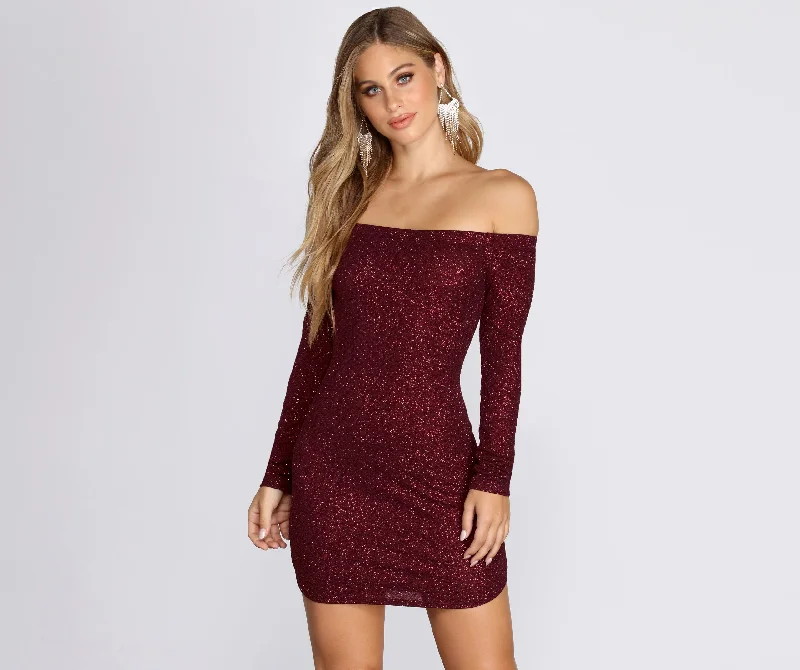 women's glam dressesOff Shoulder Long Sleeve Glittering Mini Dress