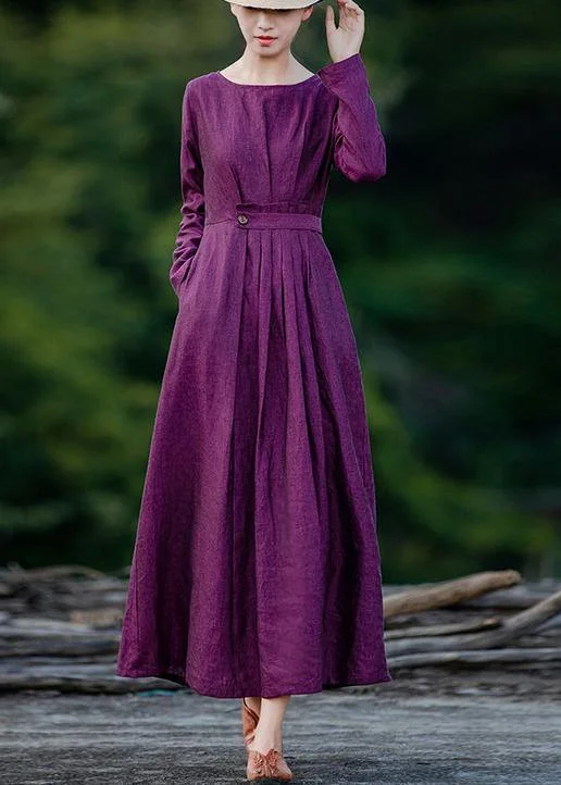 women's handmade dressesChic purple clothes For Women o neck Cinched Maxi spring Dresses