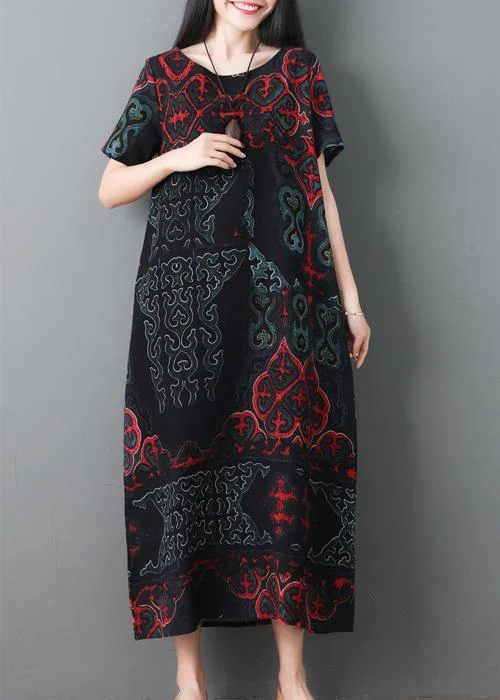 women's made-to-order dressesSimple black prints cotton quilting clothes short sleeve Maxi summer Dresses