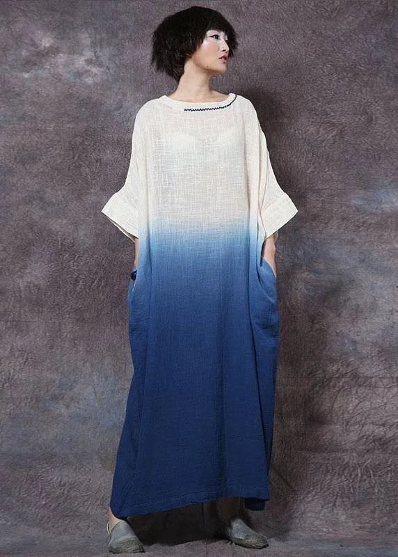 women's ethical fashion dressesBohemian blue linen cotton clothes gradient color Maxi summer Dresses