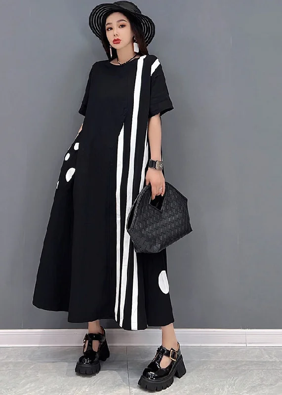 women's easy-to-wear dressesPlus Size Black O-Neck Asymmetrical Cotton Maxi Dresses Short Sleeve