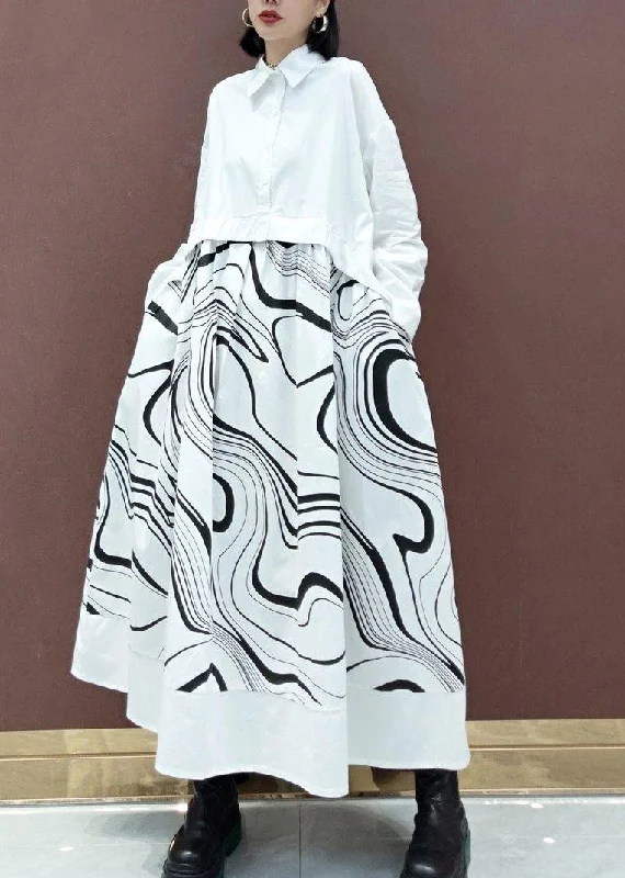 women's vacation dressesDIY White Print Clothes Lapel Patchwork Maxi Spring Dresses