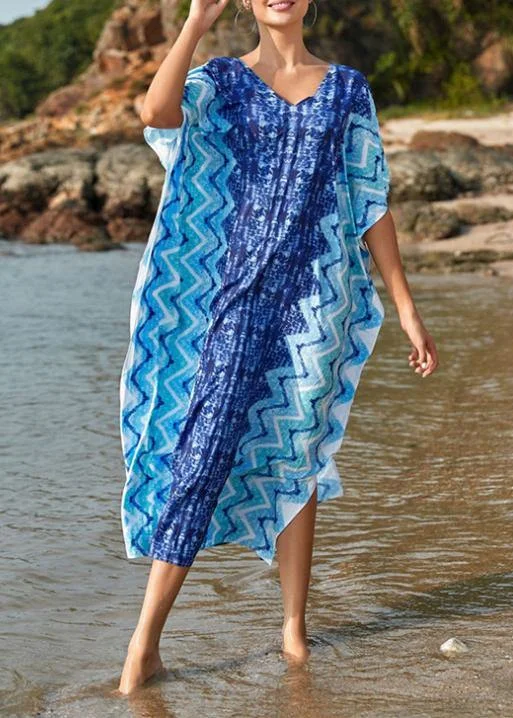 women's fair-trade dressesHandmade Blue Print V Neck Beach Gown Summer Maxi Dresses