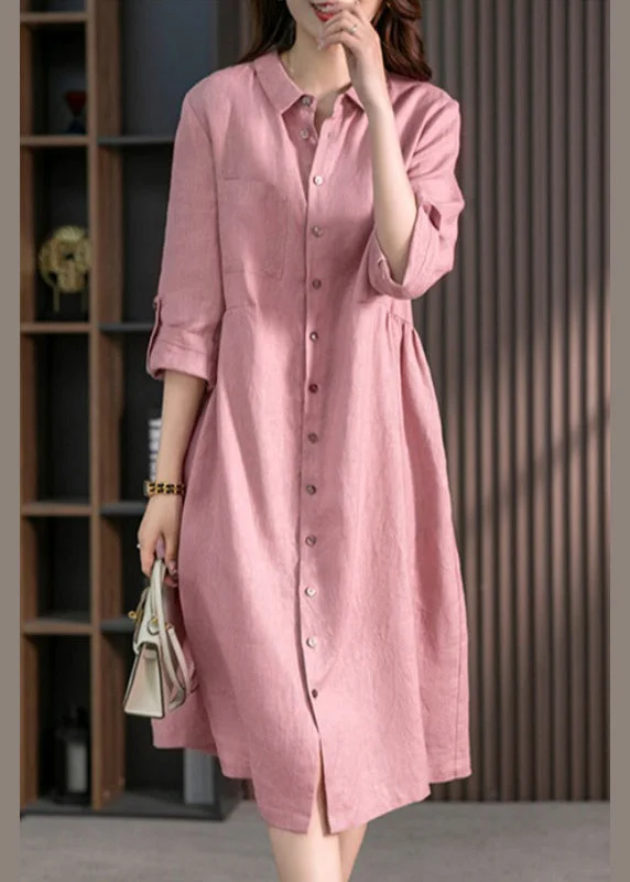 women's sheath dressesCasual Pink Peter Pan Collar Button Wrinkled Maxi Dresses Long Sleeve