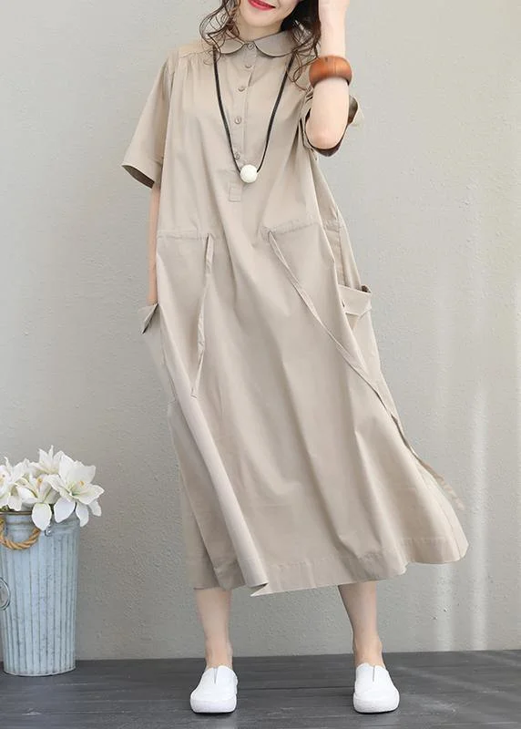 women's casual dressesNatural lapel drawstring cotton clothes linen khaki Maxi Dress