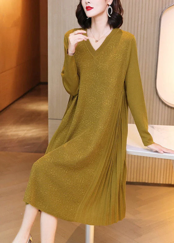 women's vacation dressesLoose Yellow V Neck Patchwork Wrinkled Jacquard Knit Maxi Dresses Spring