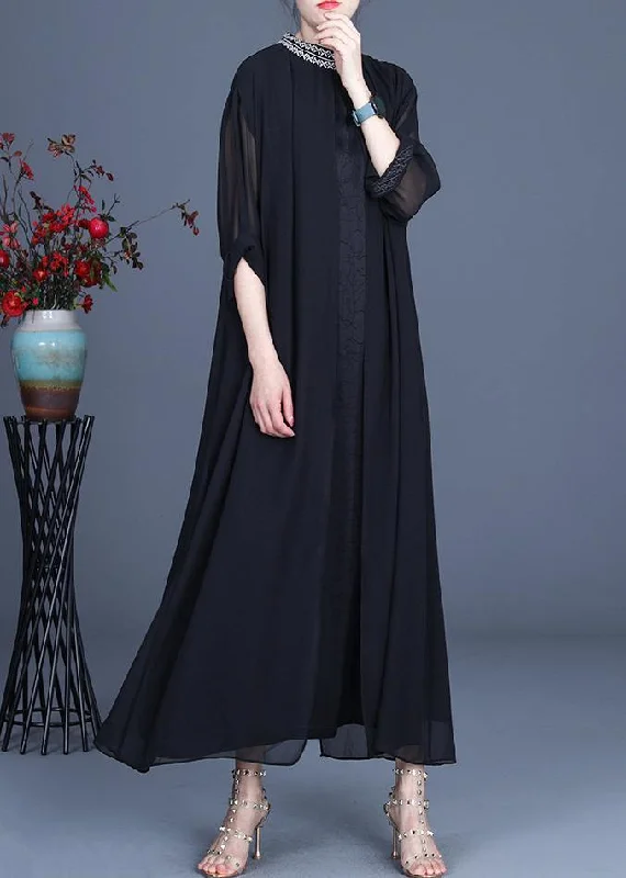 women's checkered dressesBohemian Black Embroidery Oversize Maxi Summer Spring Chiffon Dress