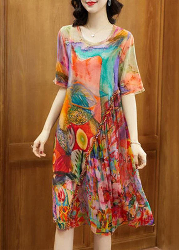 women's A-line dressesDIY O-Neck Print Wrinkled Silk Maxi Dresses Short Sleeve