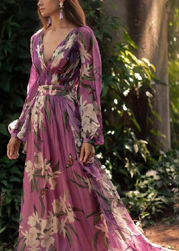 women's mini dressesItalian Purple V Neck Print Chiffon Maxi Dresses Long Sleeve