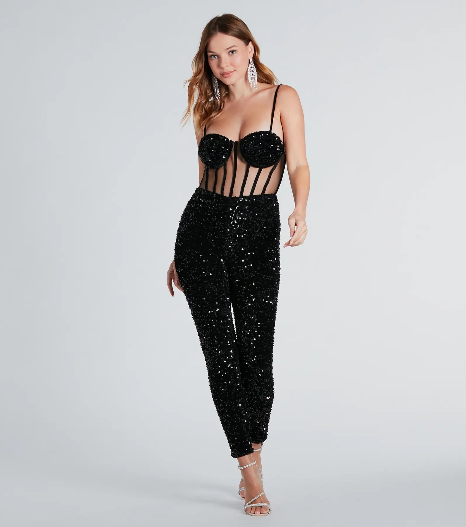 women's jumpsuits for wrinkle-resistant materialsOn Stage Sequin Corset Velvet Jumpsuit