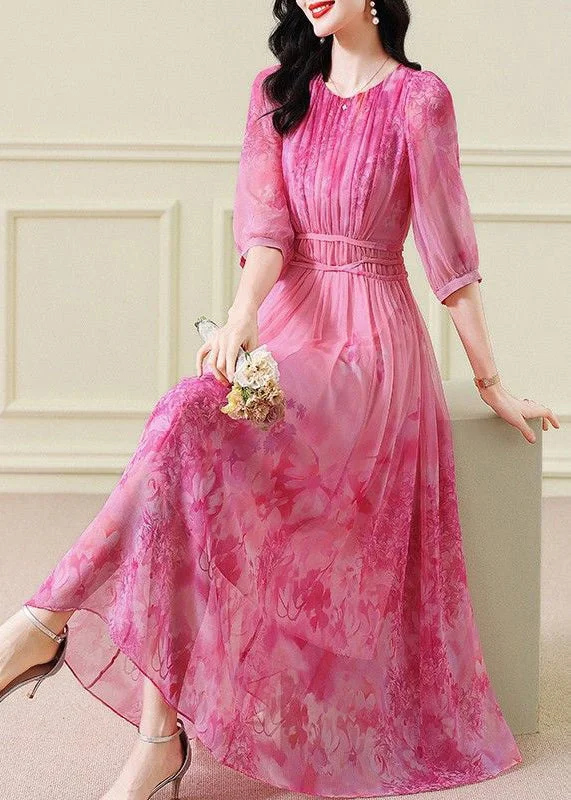 women's maternity dressesClassy Pink Print Wrinkled Tie Waist Chiffon Maxi Dresses Half Sleeve