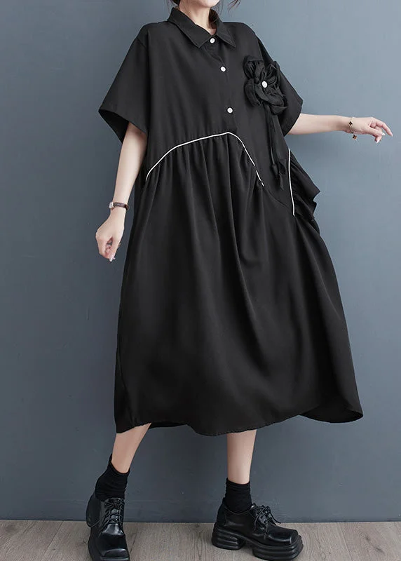 women's pastel dressesModern Black Peter Pan Collar Patchwork Floral Button Party Maxi Dress Short Sleeve