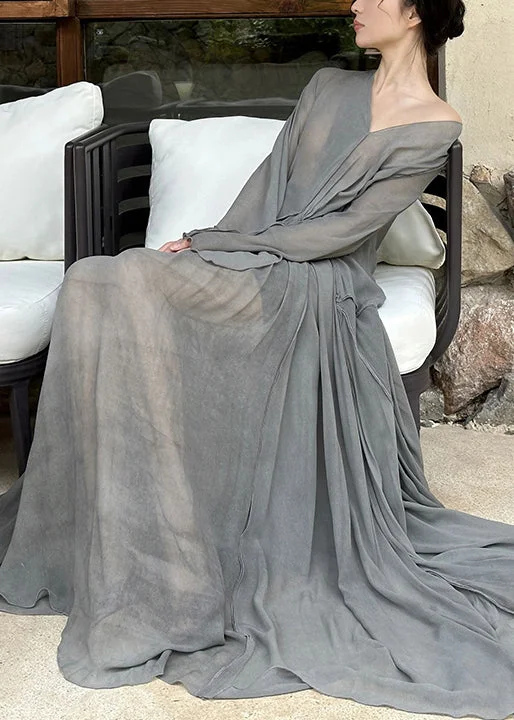 women's boho dressesArt Grey V Neck Wrinkled Cotton Maxi Dresses Long Sleeve