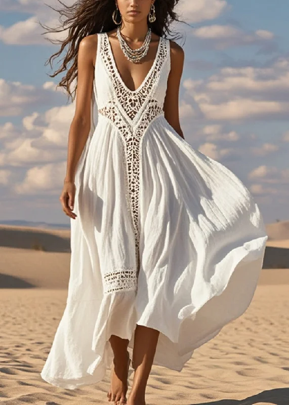 women's lace-up dressesDiy White Hollow Out Patchwork Cotton Maxi Dress Summer