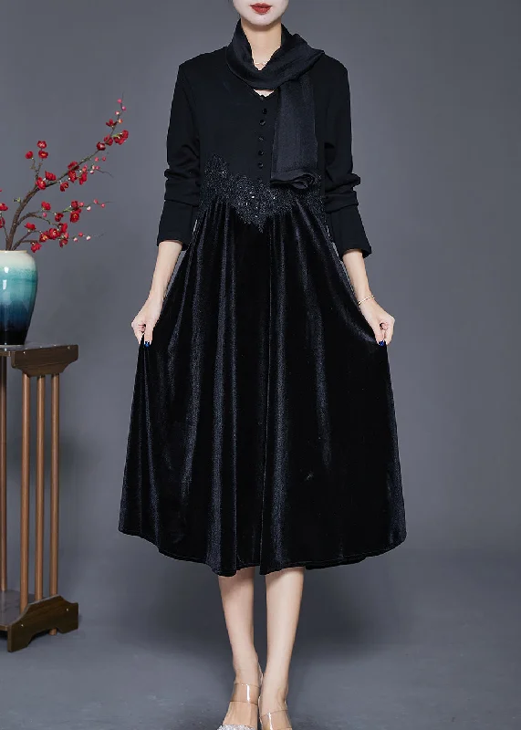 women's chiffon dressesWomen Black V Neck Patchwork Silk Velour Maxi Dresses Fall