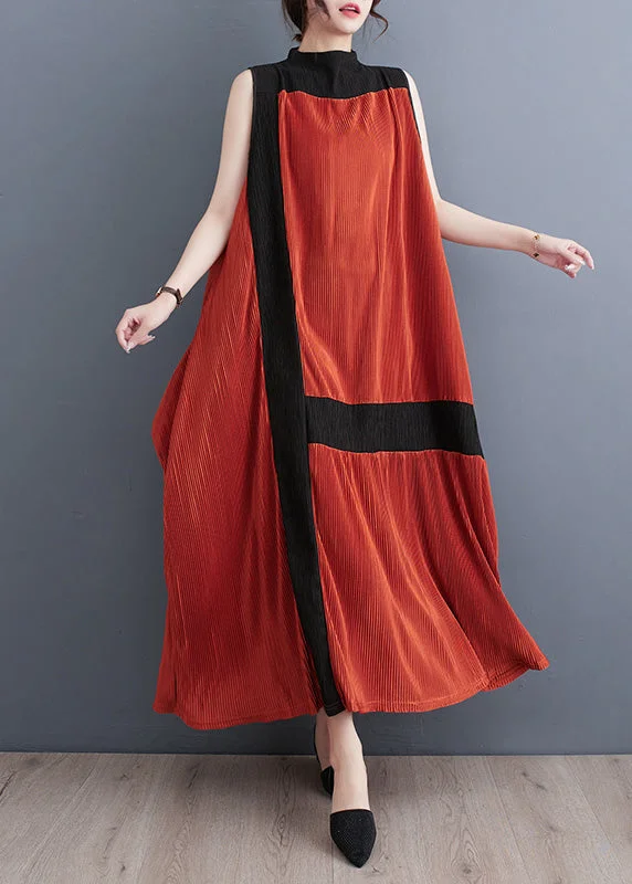 women's satin dressesCasual Orange Turtleneck Patchwork Wrinkled Maxi Dress Sleeveless