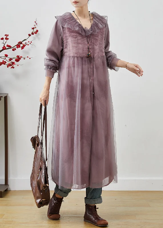 women's wrinkle-resistant dressesPurple Oversized Organza Maxi Dress Embroidered Spring