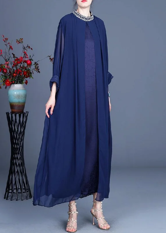 women's casual Friday dressesFine Blue Embroidery long Maxi Summer Spring Chiffon Dress