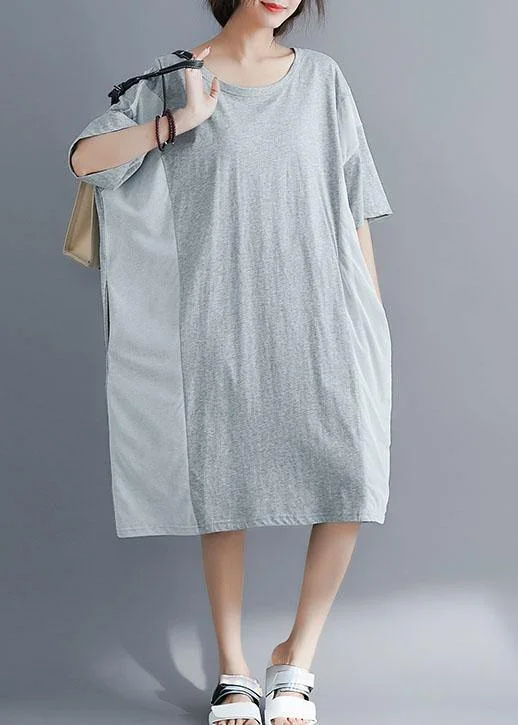 women's solid color dressesElegant gray cotton Tunics o neck patchwork Maxi summer Dresses