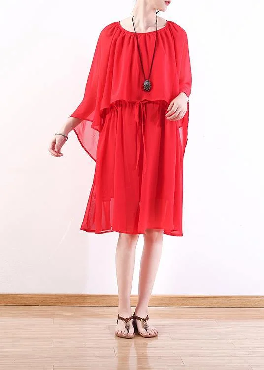 women's bell-sleeved dressesStyle red chiffon dresses stylish Shirts tie waist Maxi summer Dress