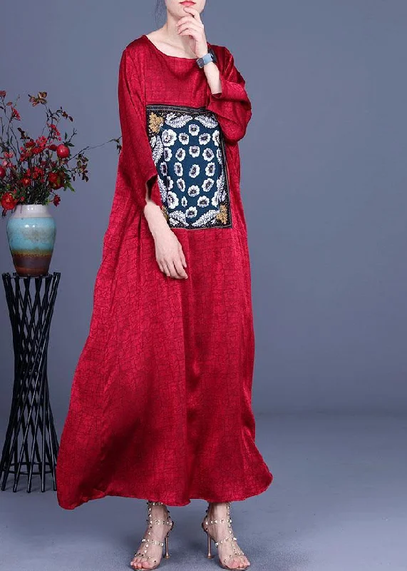 women's high-low dressesLoose Red Patchwork Print Dress Loose Silk Summer Maxi Dress