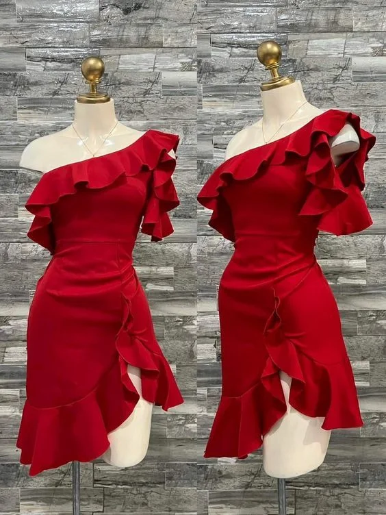 women's stretchy dressesPretty One Shoulder Red Homecoming Dress Short Mini Birthday Dress  Y7635