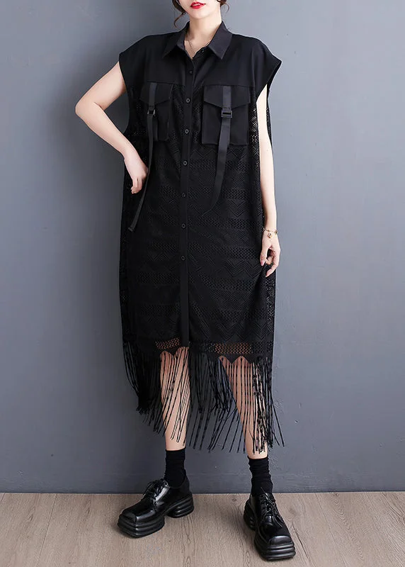 women's luxury dressesBlack Patchwork Lace Maxi Dress Tasseled Pockets Summer