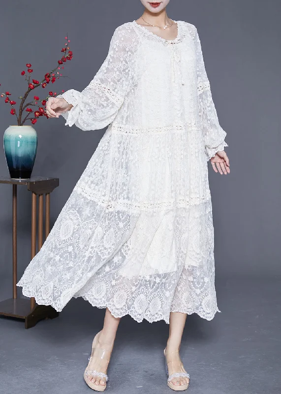 women's high-end dressesBohemian White Embroideried Patchwork Hollow Out Lace Maxi Dress Lantern Sleeve