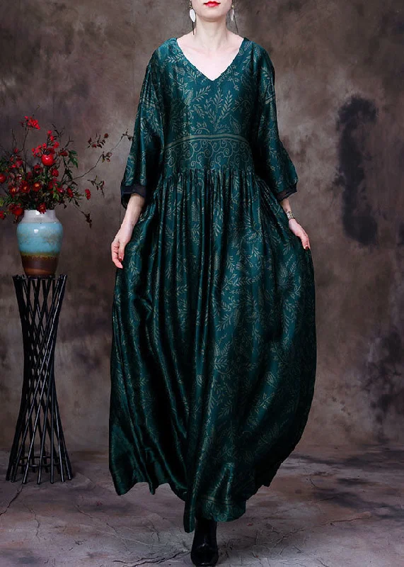 women's shift dressesWomen Green V Neck Wrinkled Print Silk Maxi Dresses Bracelet Sleeve