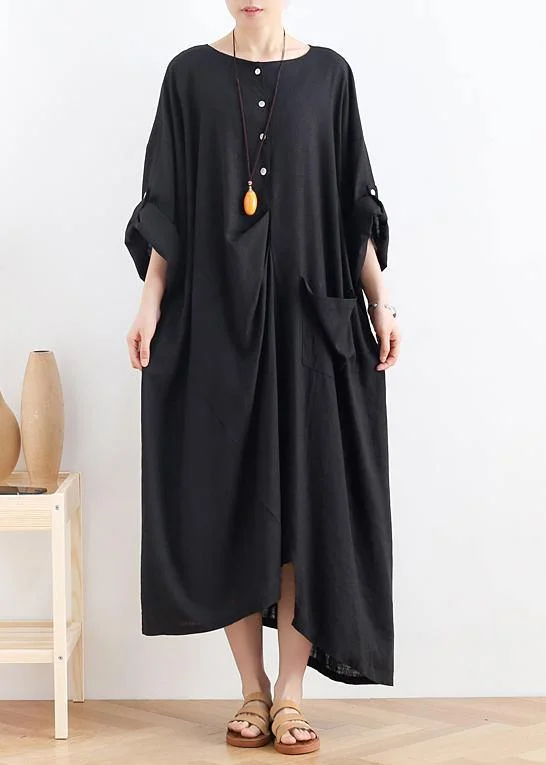 women's luxury dressesOrganic black cotton dresses o neck asymmetric Maxi summer Dresses