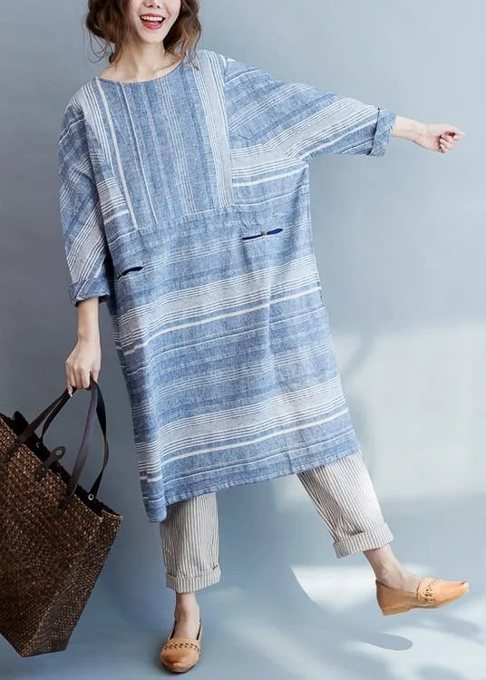 women's party dressesModern Blue Striped Cotton Pockets Summer Maxi Dresses