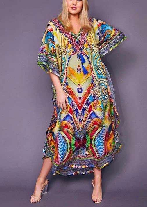 women's club dressesFine Print tie Chiffon Loose kimono robe Maxi Dress