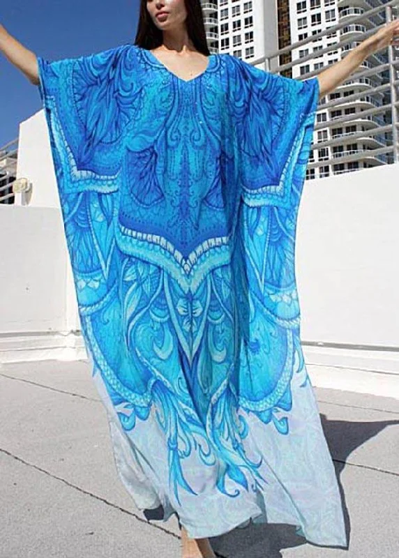 women's sustainable dressesChic Blue Print kimono robe Maxi Dresses  Cotton Dress